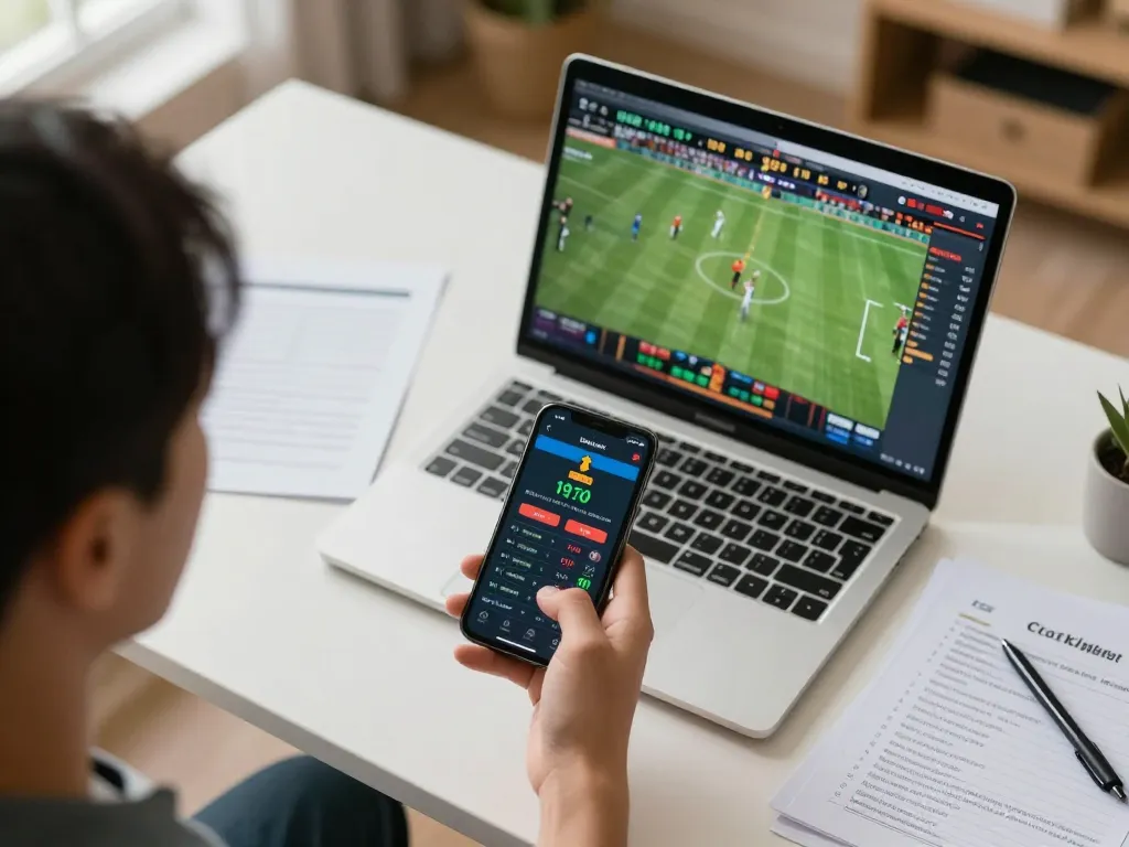 Engaging scene of online gambling with uu88 sports betting app displayed on a smartphone, showcasing real-time betting excitement.