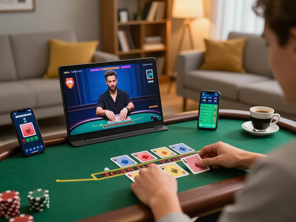 Engaged gamer using 78win app for live dealer blackjack in a cozy setting.