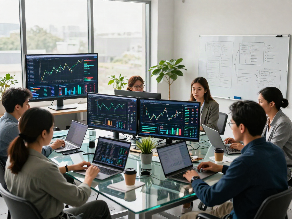 Team of finance professionals analyzing slot 5k qris data in modern office.