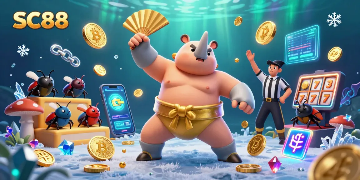 Bet on SC88 with a vibrant 3D casino scene featuring a beetle champion and glowing crypto coins.