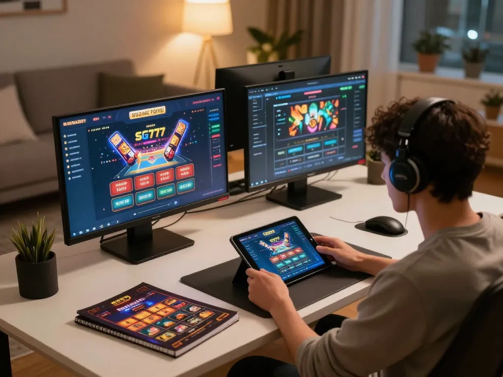 Player engaging with SG777 online casino app on tablet in a cozy home setting with strategic notes