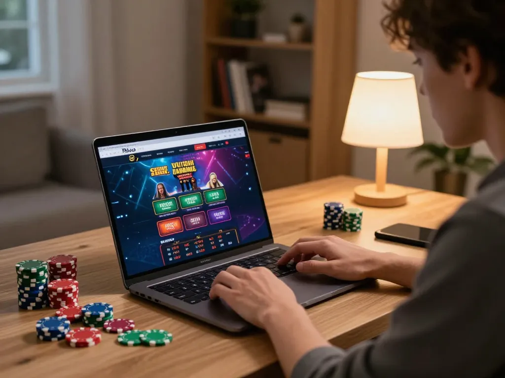 Engaging with online casino gaming on f8betlv, person using laptop surrounded by strategy notes.