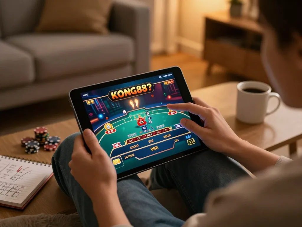 KONG88 online gaming experience with a player engaged in poker gameplay on a tablet at home