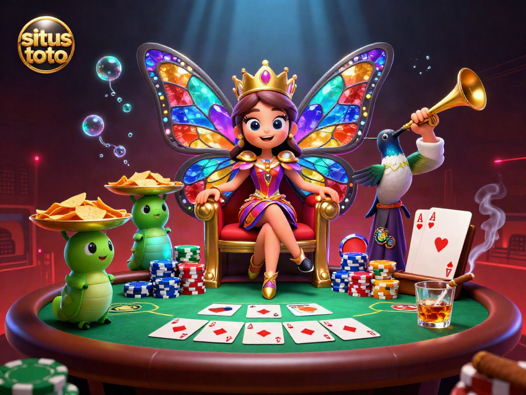 Experience the vibrant world of situs toto with a colorful casino scene featuring a butterfly queen and poker elements.
