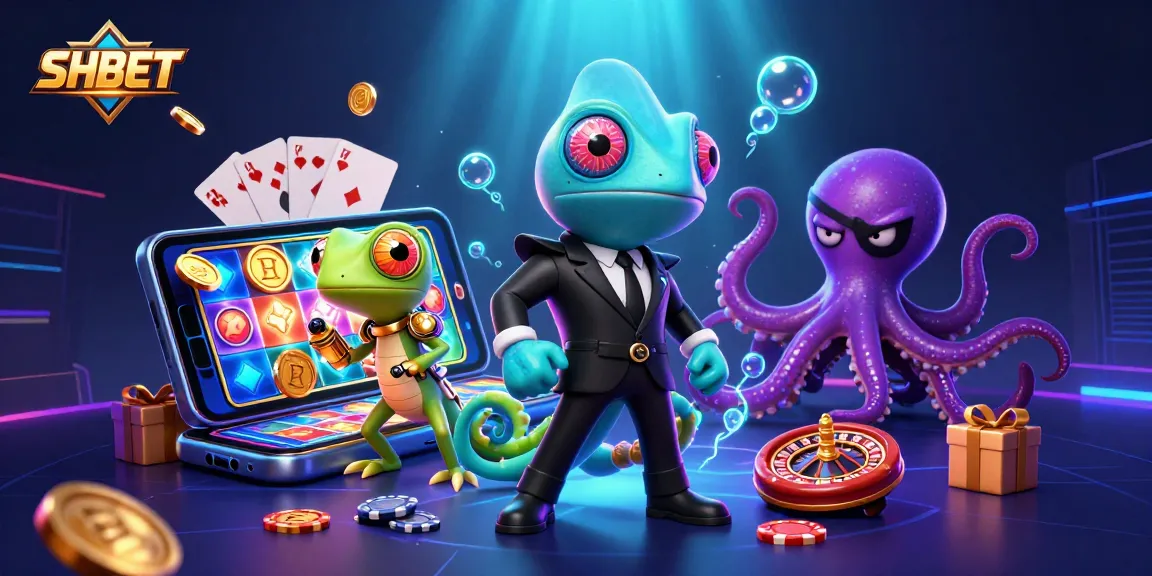 Experience SHBET thrills with a chameleon secret agent, a tech-gecko, and a villainous octopus in a vibrant 3D casino.
