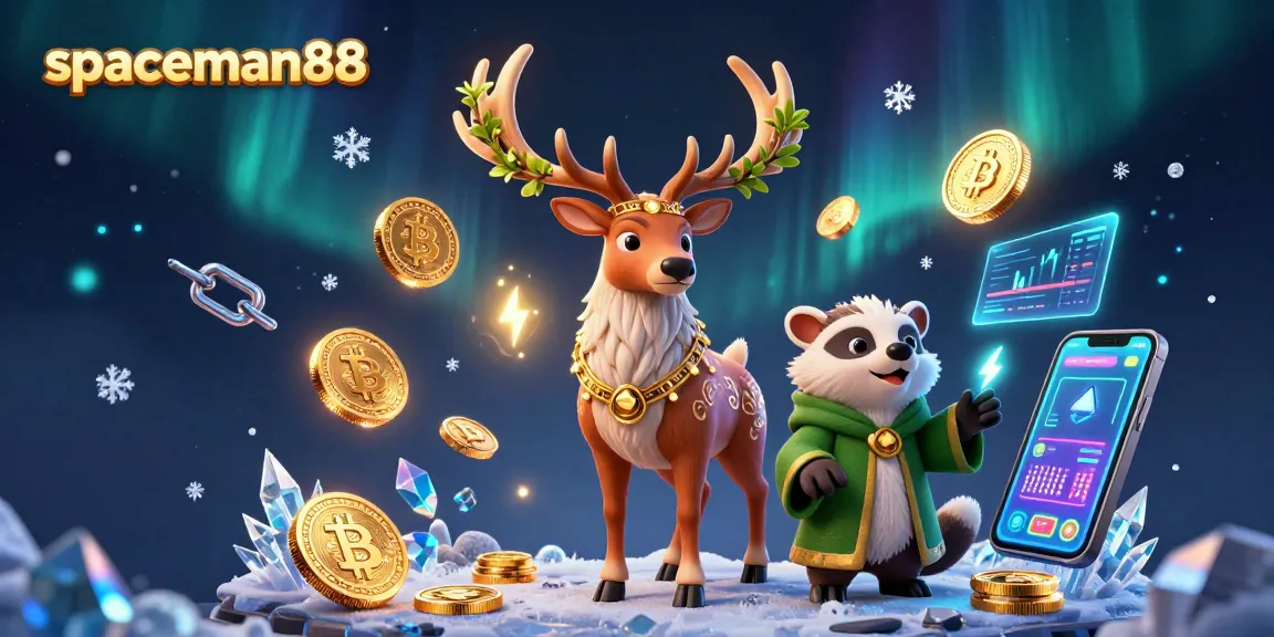 Experience high wins with spaceman88 in this mesmerizing 3D casino illustration featuring vibrant characters and crypto elements.