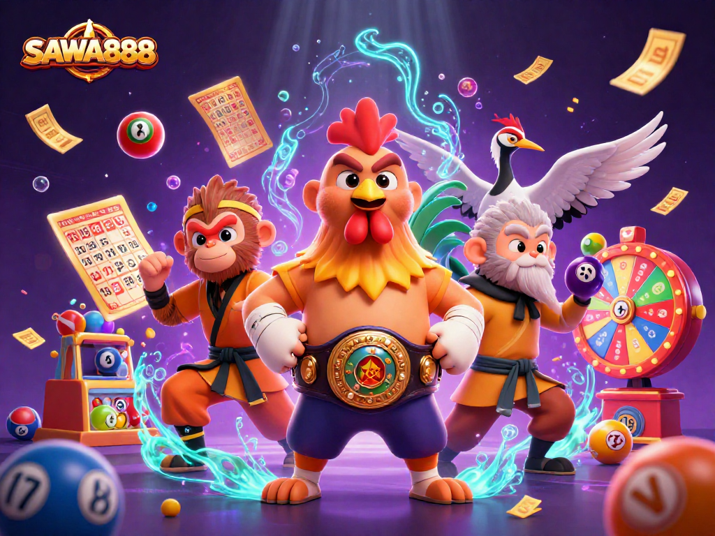 SAWA888 showcases a dynamic illustration of vibrant casino elements, attracting players with excitement.