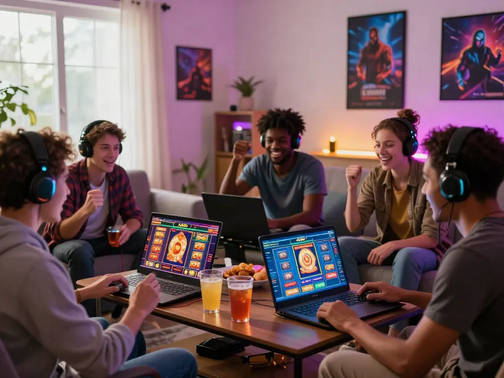 A group of players enjoying the A80 slot information platform in a vibrant living room.