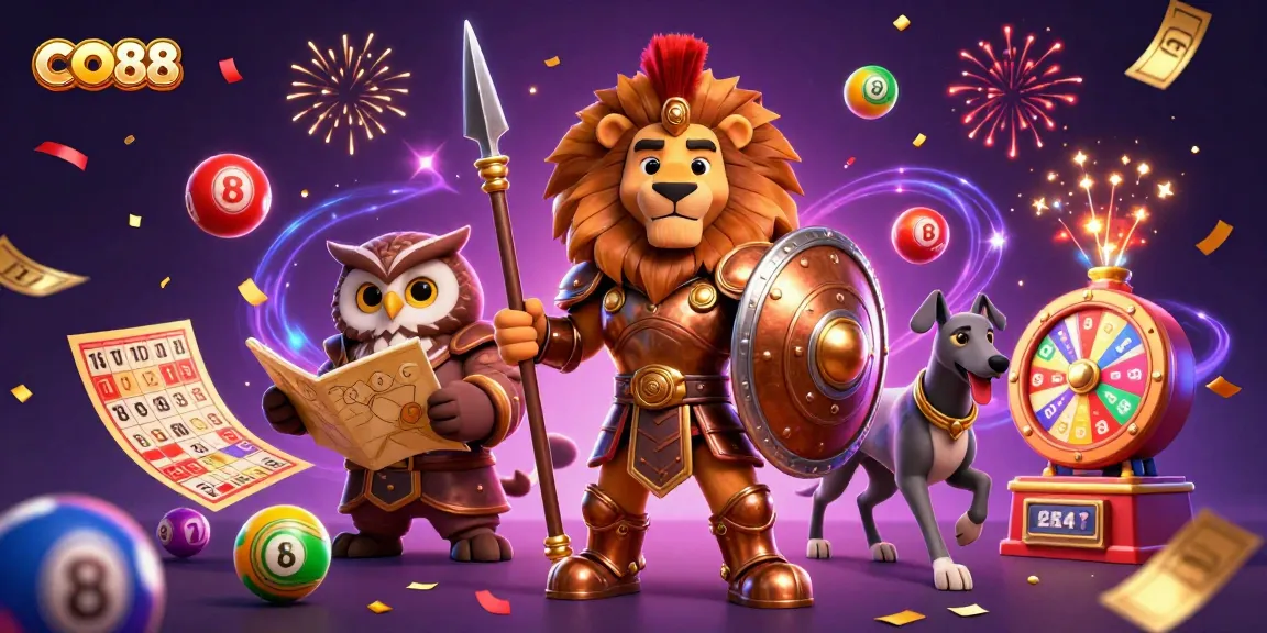 Engage in thrilling gaming at CO88 with vibrant lottery elements and dynamic characters.