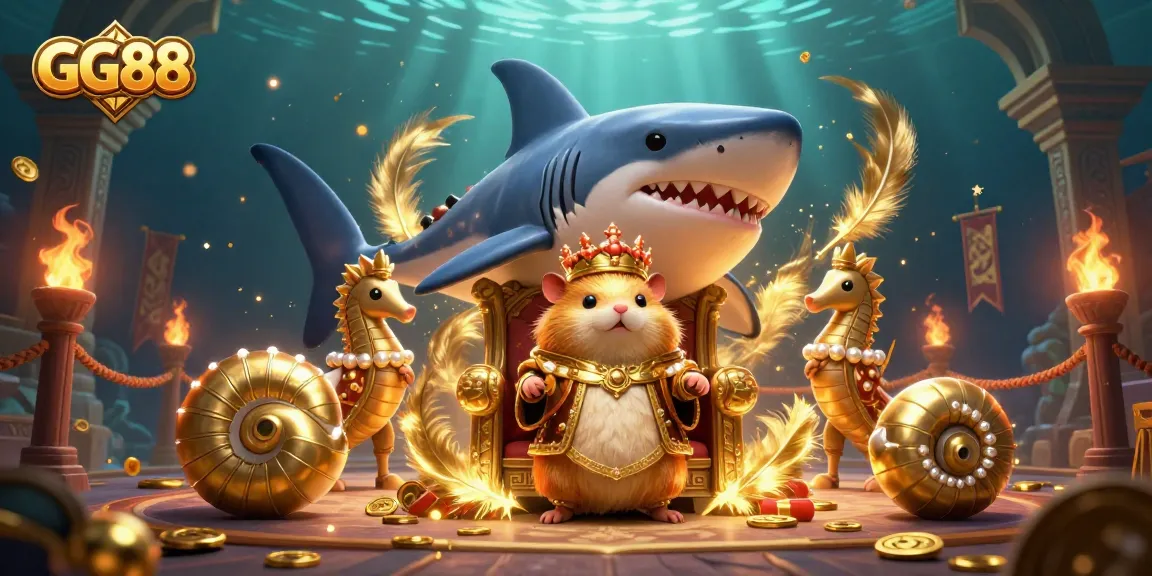 Engage with GG88's thrilling casino adventure featuring a golden hamster king and majestic sea creatures in a vibrant underwater scene.