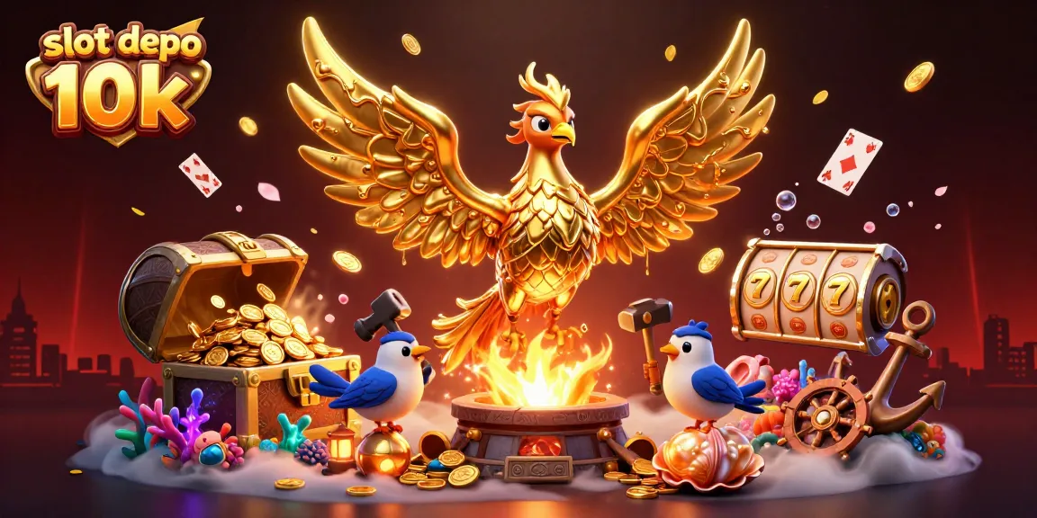 Experience thrilling wins with slot depo 10k in a vibrant casino scene filled with gold and action.