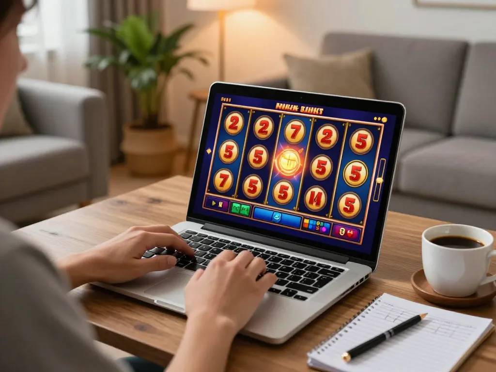 LIGALGO player spinning slots online in a cozy living room, surrounded by personal items and warm lighting.