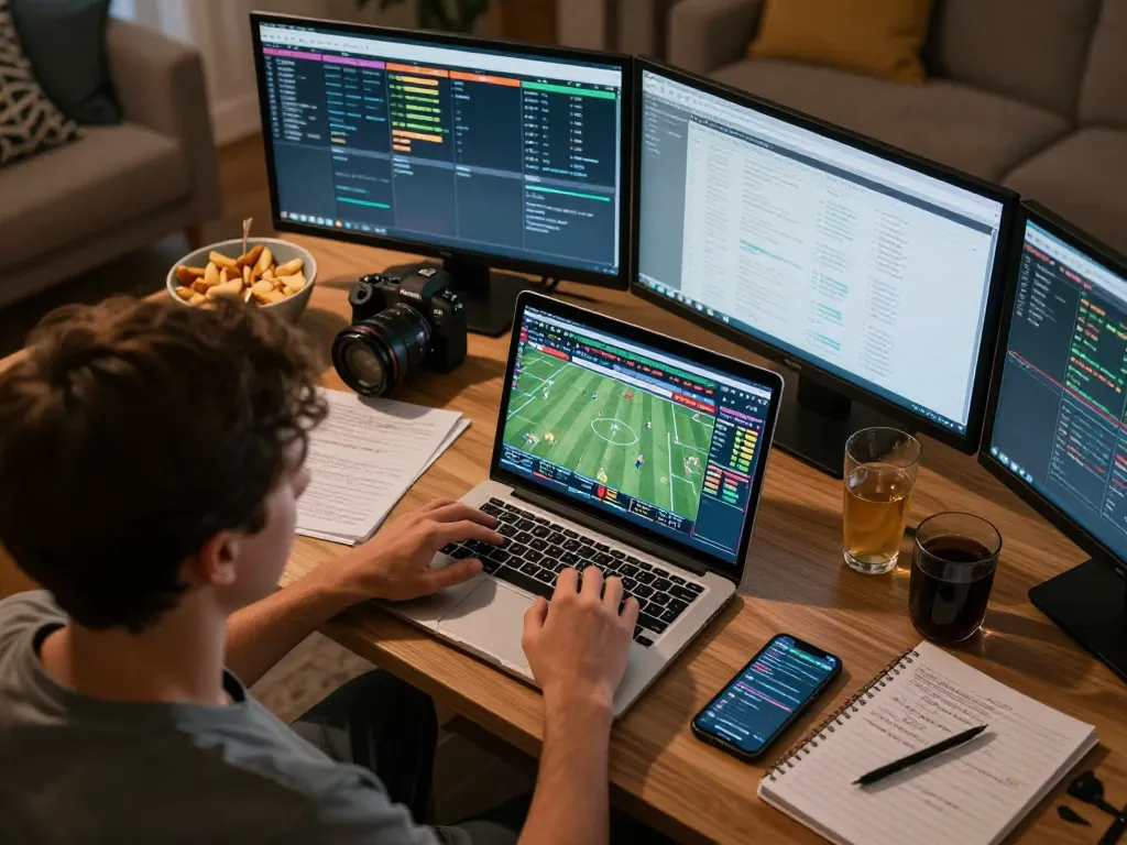 Person analyzing sports data at home for nowgoal betting strategies, laptop and phone displaying live odds