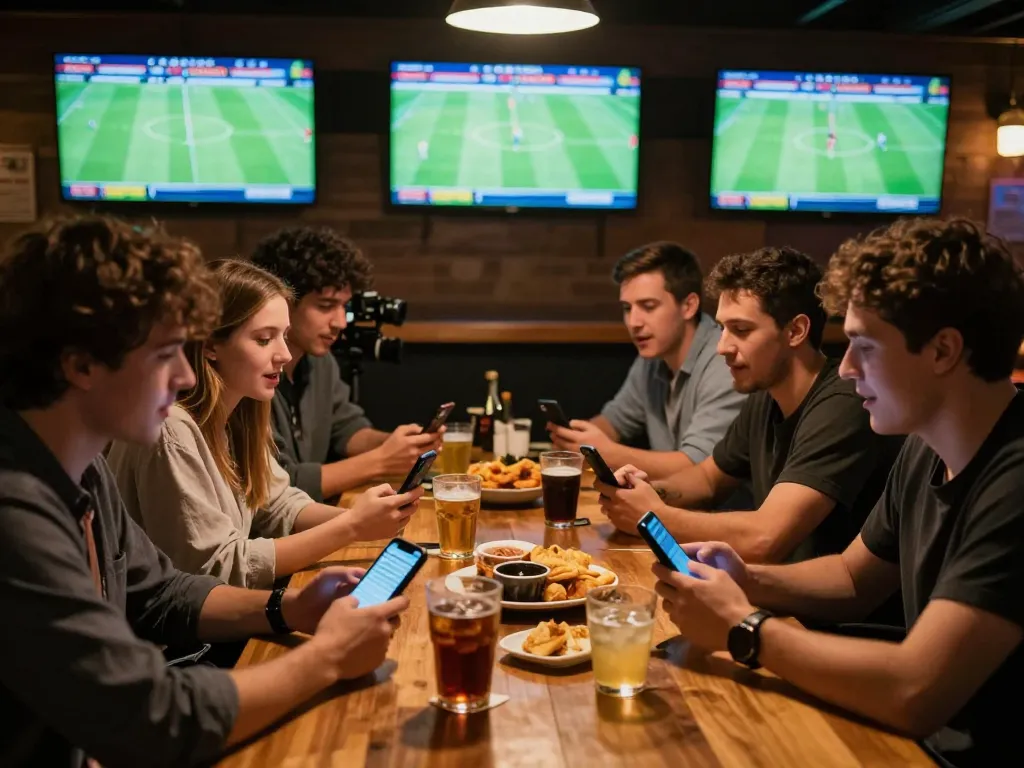 Excited friends analyzing Tỷ Lệ Bóng Đá odds while enjoying a sports bar atmosphere.