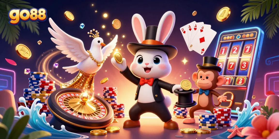 Experience a magical scene with go 88 as the charming rabbit conjures gold coins amidst casino excitement.