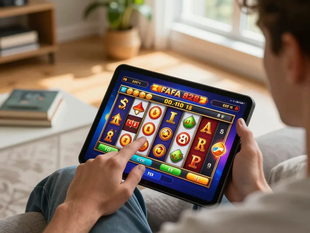 Experience the excitement of online slot games with FAFA 828 on a tablet from a cozy living room.