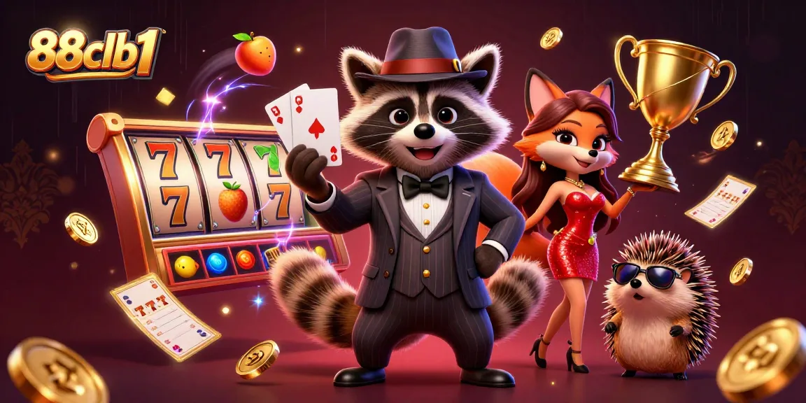 Engage with 88clb1's vibrant casino scene featuring a stylish raccoon, a charming fox, and a bouncer amid thrilling slot action.