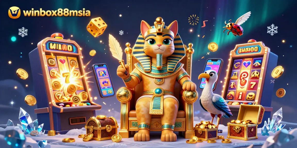 Join the excitement at winbox88msia with a dynamic illustration of a royal pharaoh cat amidst vibrant casino game elements.