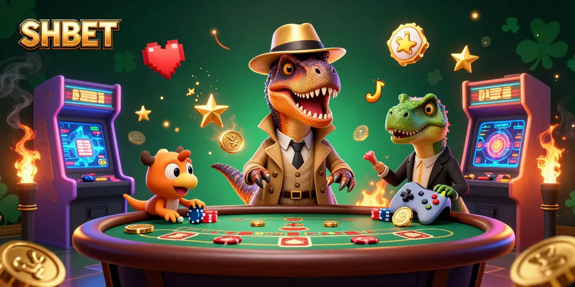 Watch a mischievous SHBET velociraptor card counter amid a vibrant casino scene filled with glowing elements.