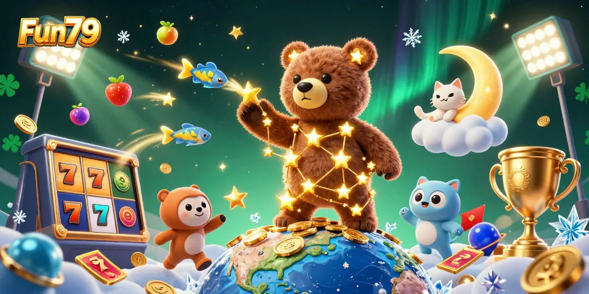 Experience Fun79 with a vibrant 3D illustration depicting a constellation bear and slots, capturing the excitement of online gaming.