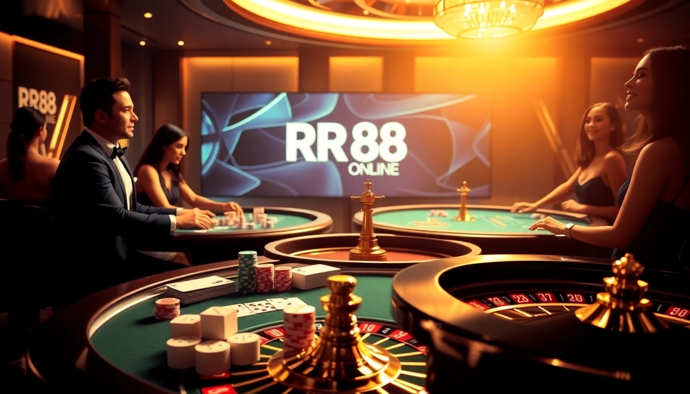Exciting gameplay at RR88 mov casino with vibrant poker table and roulette wheel.