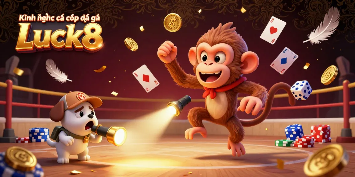 Kinh nghiệm cá cược đá gà Luck8 showcases a playful scene of cockfighting excitement with golden coins and playful characters.