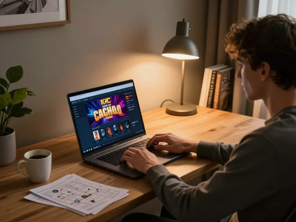 Player strategizing with KJC online casino interface in a cozy home office setting