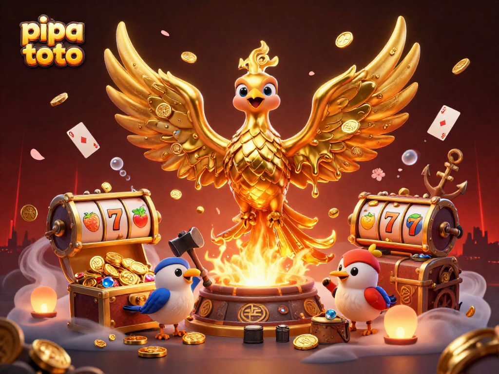 Experience thrilling wins with pipa toto as the phoenix rises amongst rich casino elements and spinning slot reels.