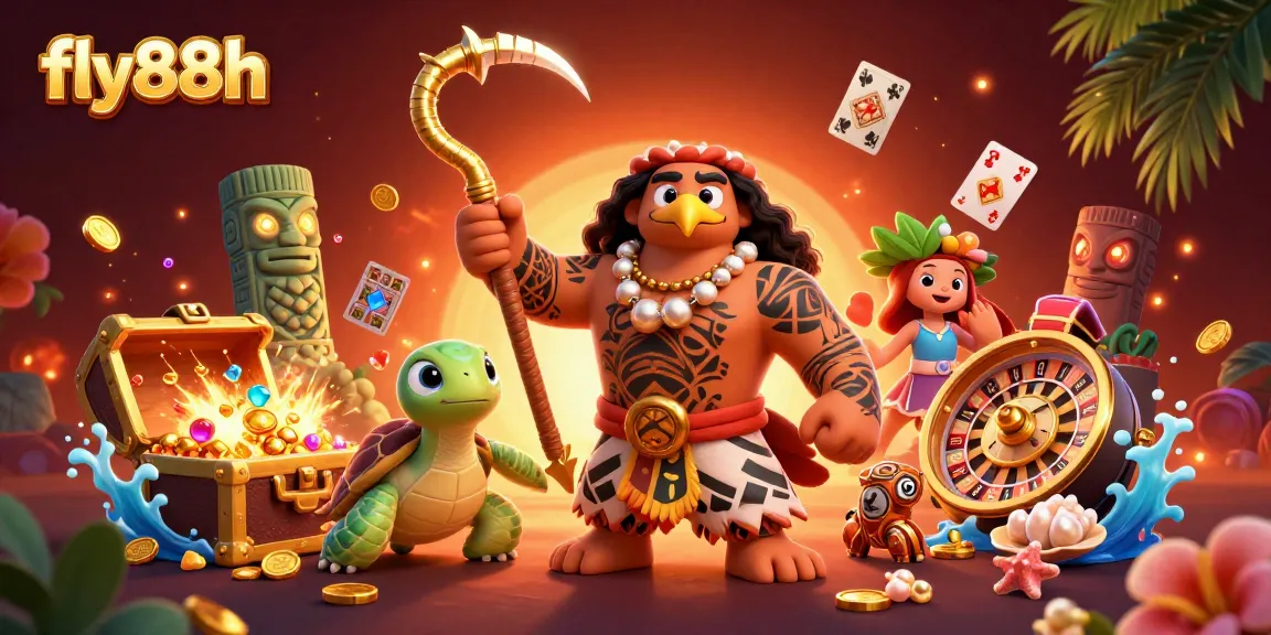 Experience fly88h thrills with vibrant 3D casino characters like a demigod and turtle in a rich gaming scene.