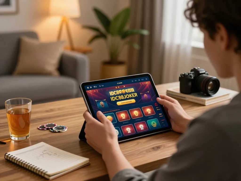 Engaged player using IDC88JOKER app in home office, reflecting online gambling excitement.