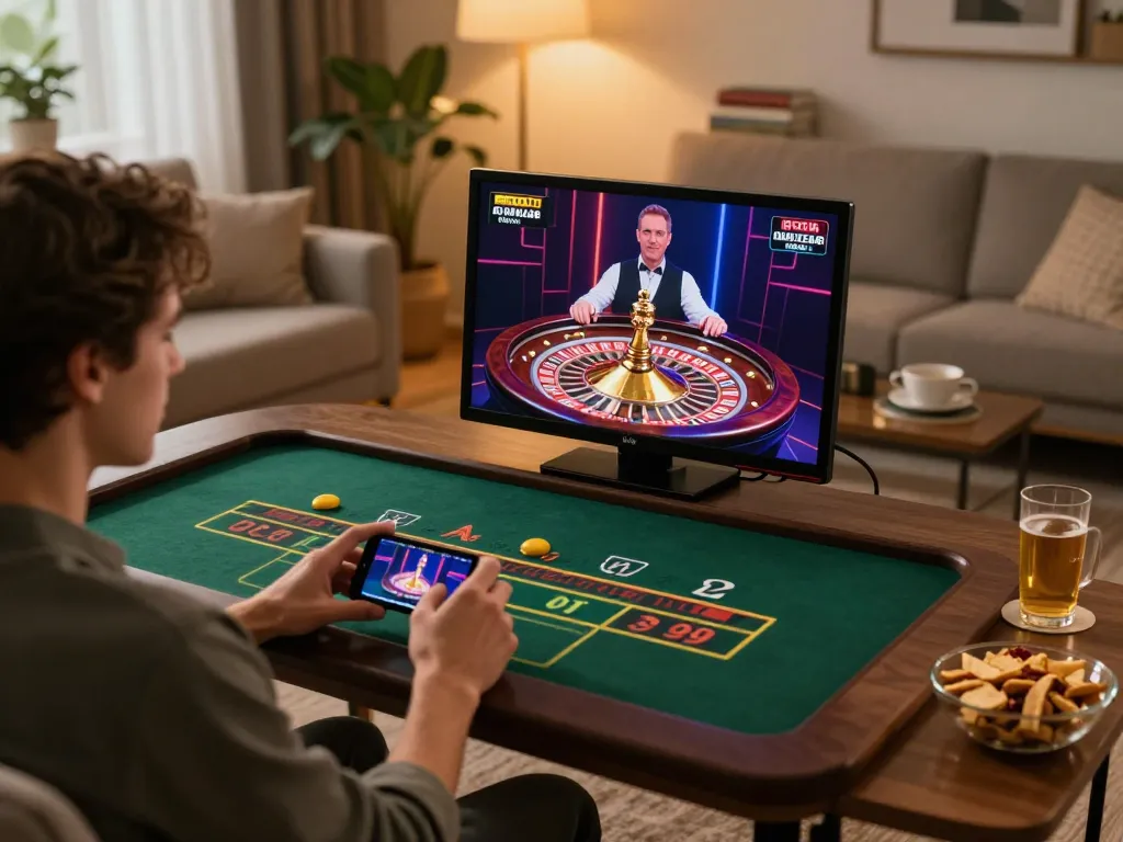 Engaged player enjoying live dealer roulette on smartphone at home, showcasing 99ok gaming experience.