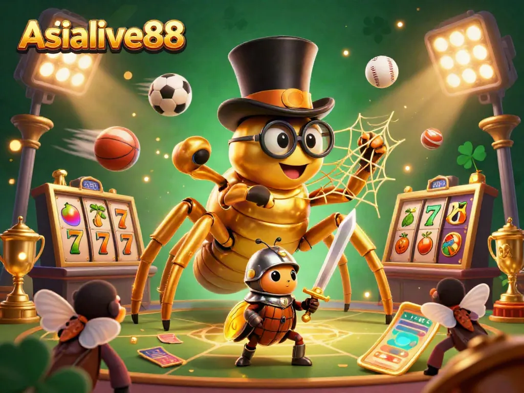Win at Asialive88 with slot reels and dynamic gaming elements alongside a giant golden tarantula.