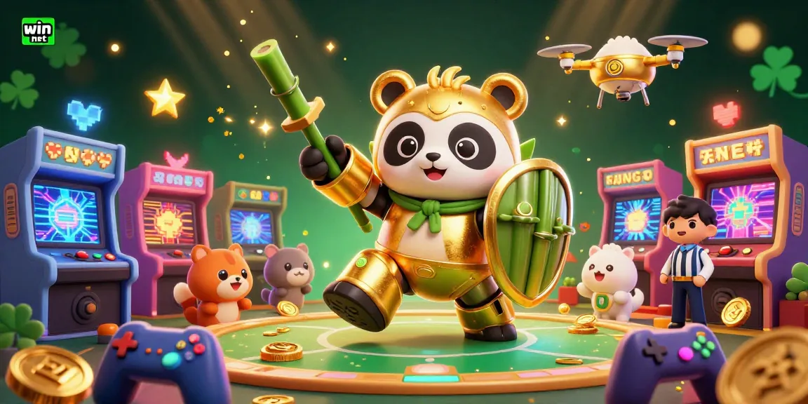 Engage in thrilling gameplay at win net with a vibrant casino battle scene, featuring a mech-suit panda.