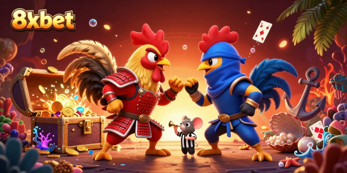 Experience the excitement of 8xbet with twin roosters battling in a vibrant casino scene.