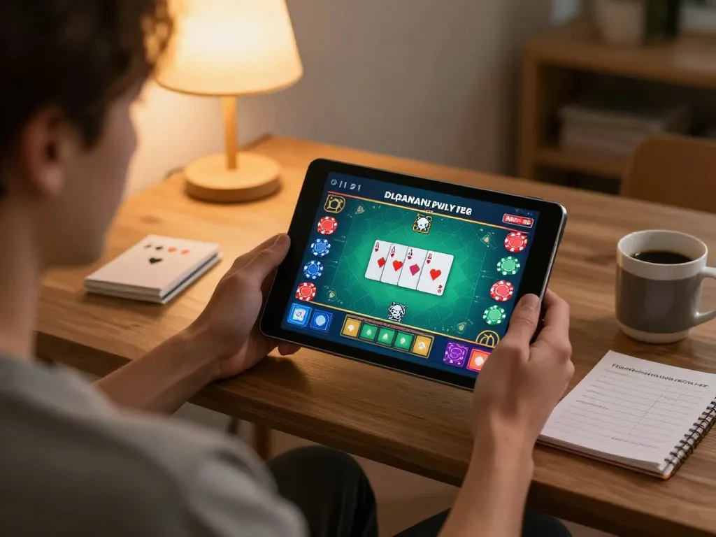 Engaging in online poker at home with Go88, showcasing strategy notes and warm surroundings.