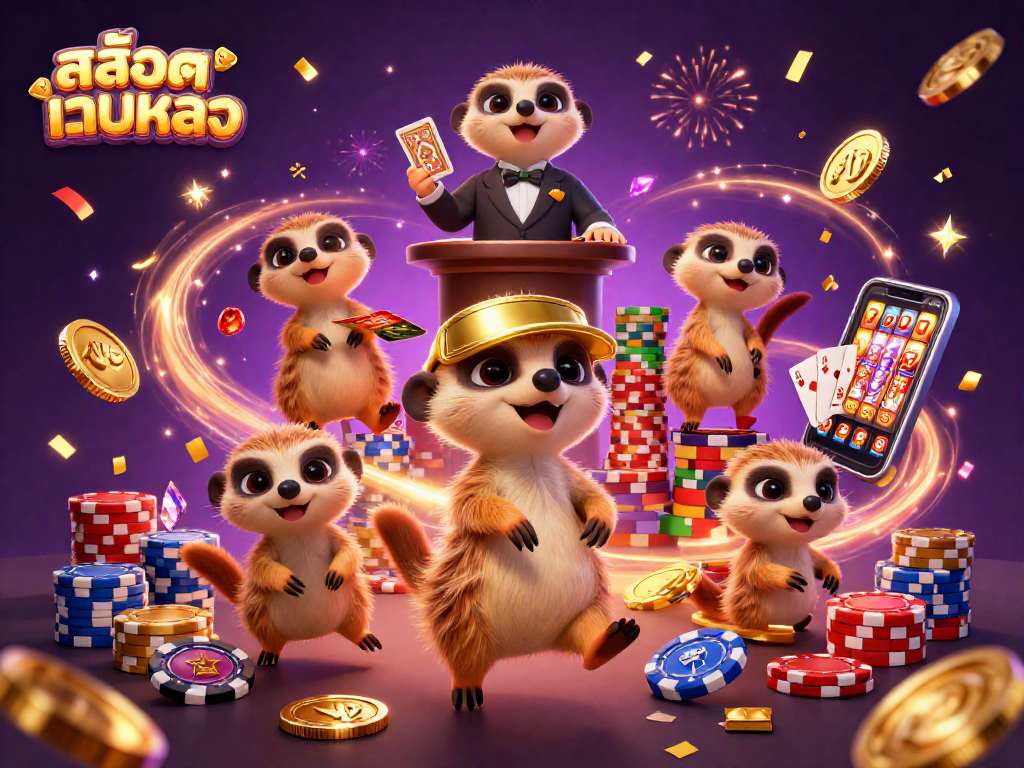 Spin the reels on สล็อตเว็บตรง with a vibrant scene of engaging meerkat characters running a dynamic casino operation.