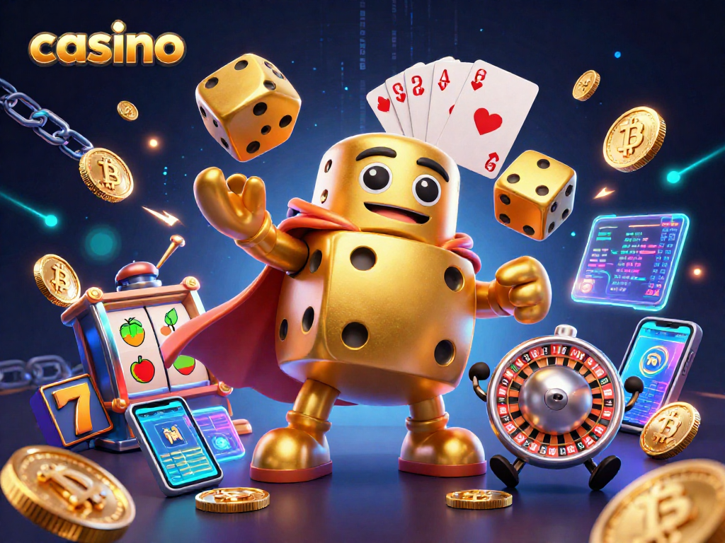 Engage with vibrant casino gameplay featuring dynamic golden dice, slot symbols, and crypto elements.
