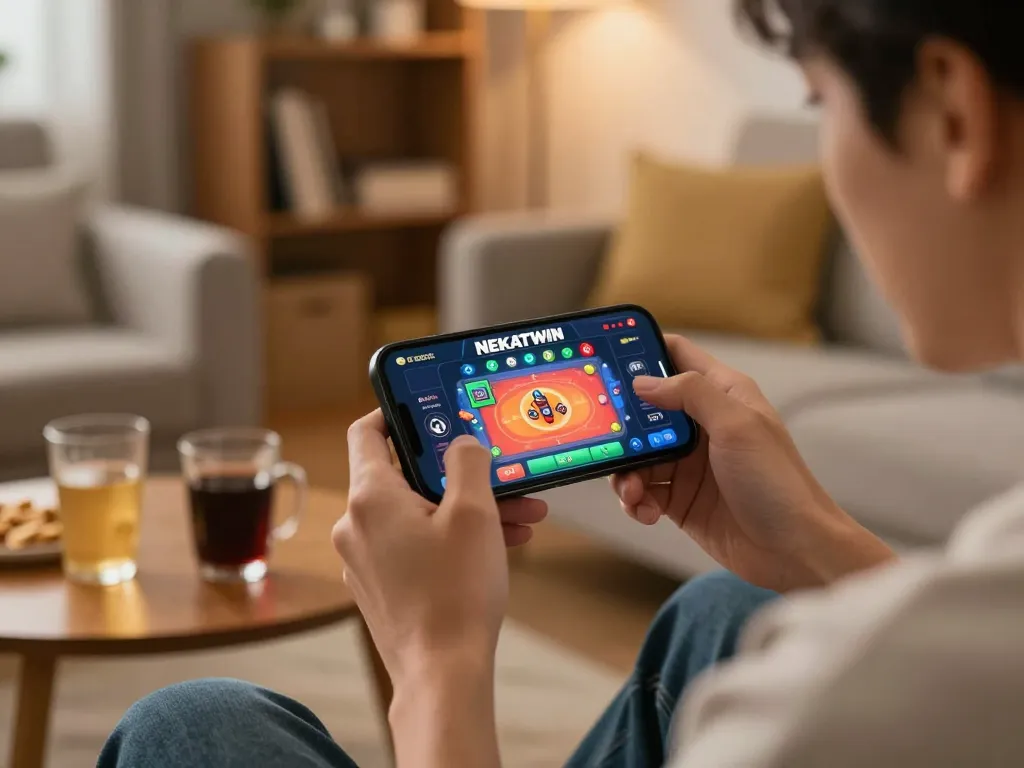 Engaging moment of a player enjoying NEKATWIN on a smartphone in a cozy home setup