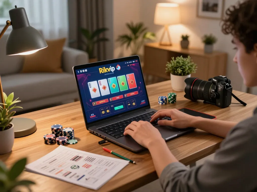 Rikvip online gaming experience with player engaged on laptop in cozy home setting