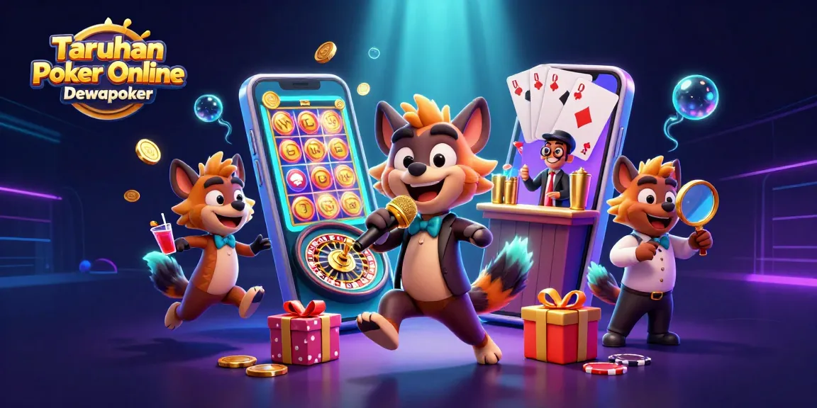 Experience Taruhan Poker Online Dewapoker with lively hyena characters in a vibrant casino scene.