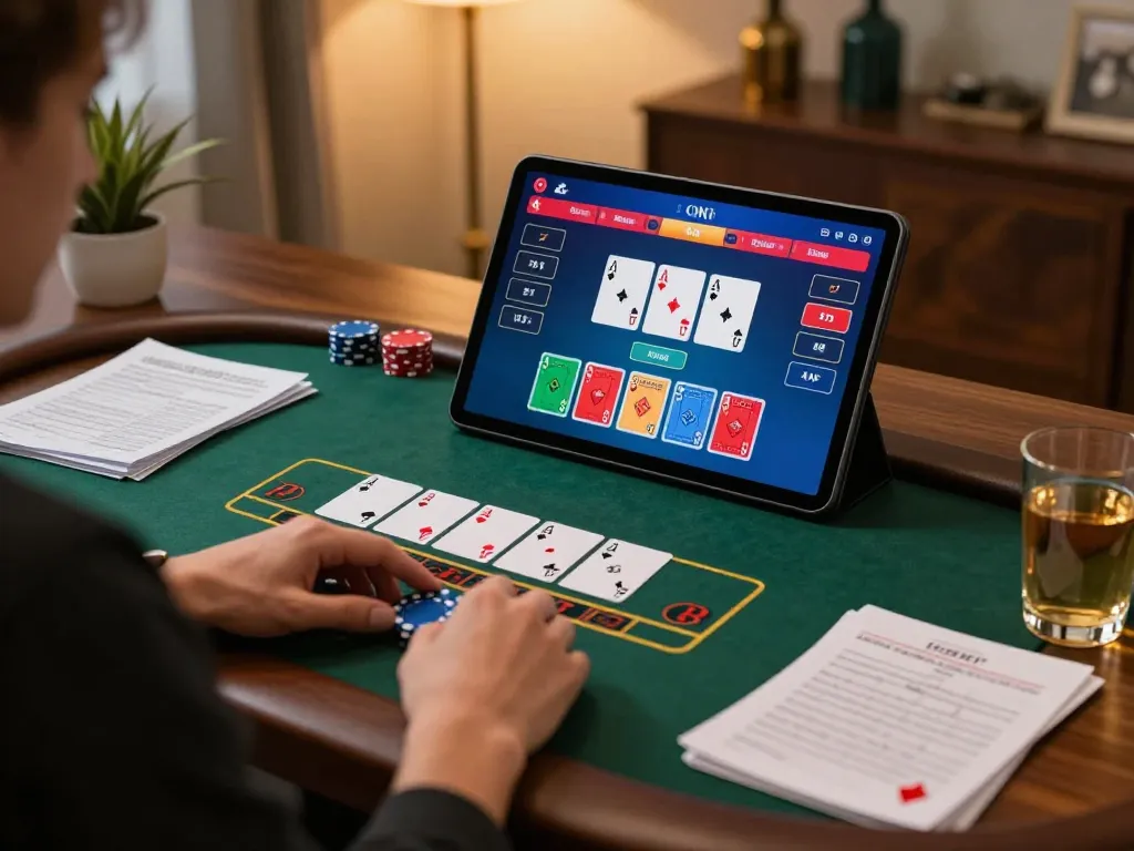 Engaging in live dealer blackjack on g28tv with tablet and strategic notes.