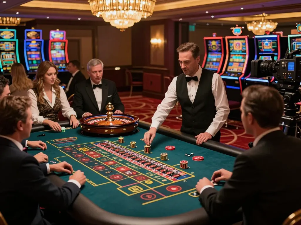 Players engaging at a roulette table at Bsport casino, with a croupier spinning the wheel in an upscale setting.