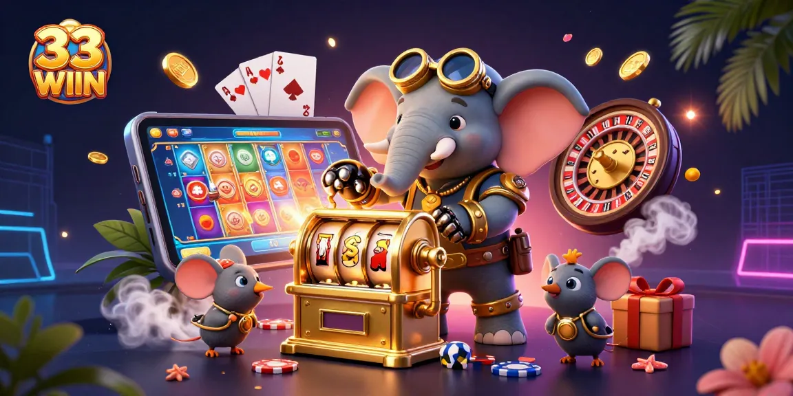 33 WIIN promoting thrilling slot gaming experience with a steampunk elephant and dynamic casino elements.