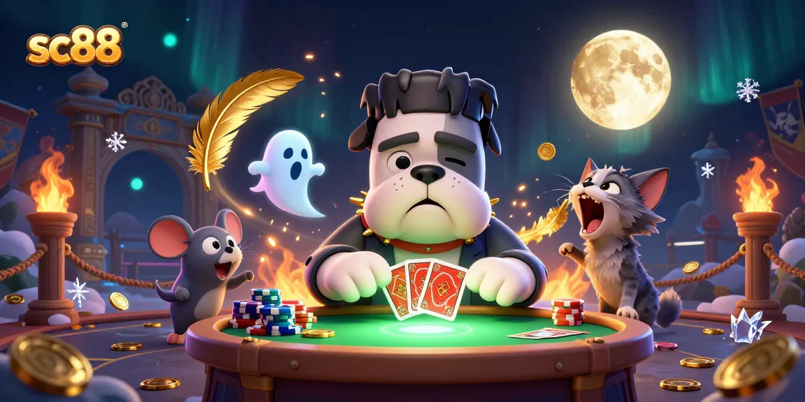 Experience the excitement of sc88 with a cartoon bulldog dealing cards at a spooky table.