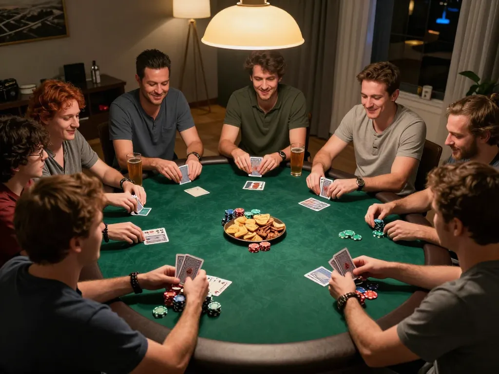 Friends enjoying a friendly poker night at home, showcasing king33 strategy in relaxation and fun.