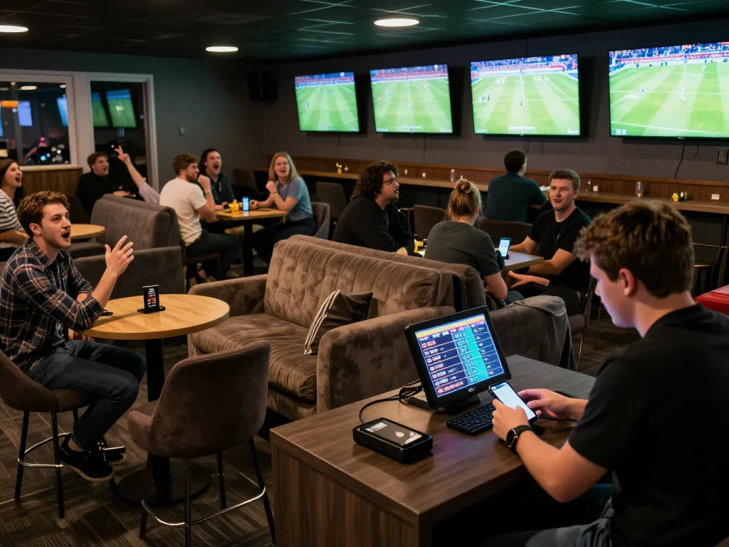 Excited fans engaging in soi kèo bóng đá betting while watching live soccer matches in a vibrant lounge