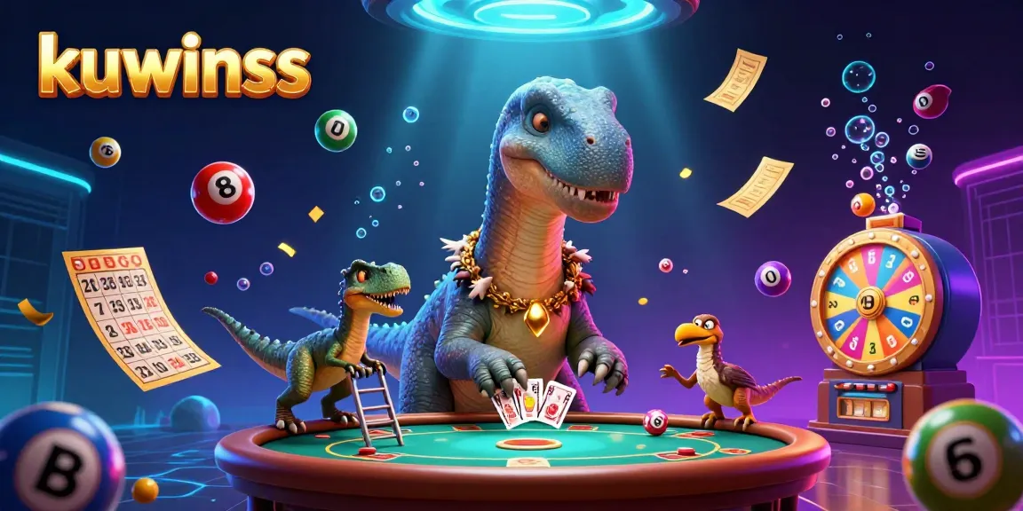 Kuwinss showcases a fun 3D casino scene with a dinosaur and raptor dealing cards amidst vibrant lottery balls.
