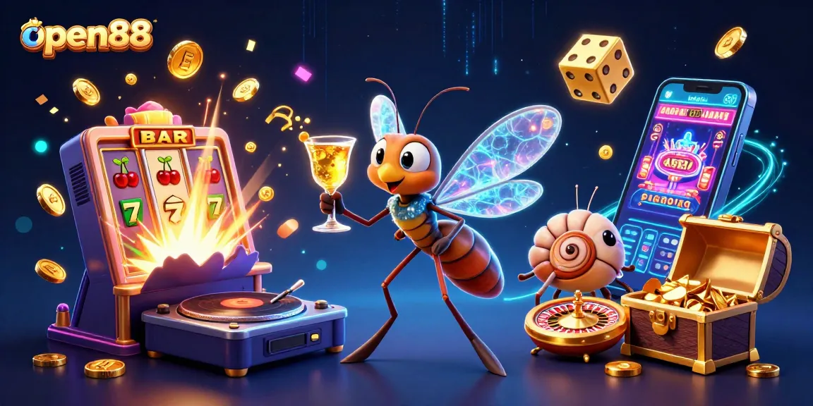 Experience the thrill of open88 with a vibrant casino scene featuring a lively mascot and jackpot excitement.
