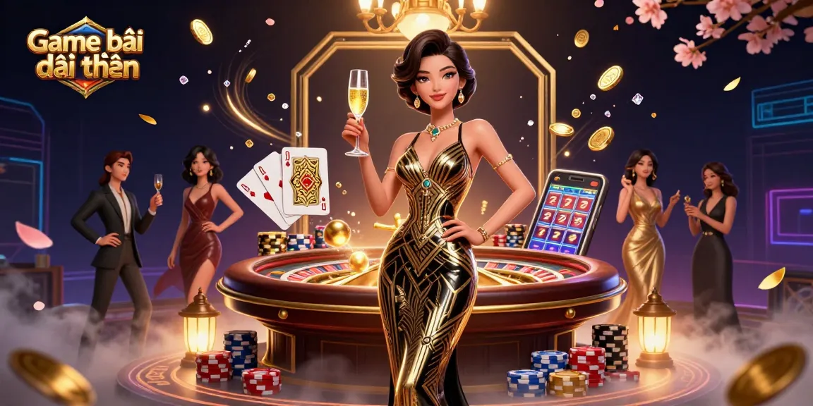 Experience the excitement of Game bài đổi thưởng with vibrant scenes of casino action and elegant characters.