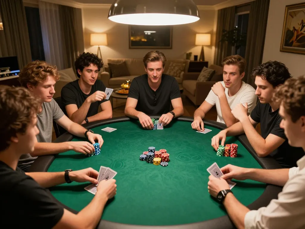 Sunwin poker night with friends enjoying strategic gameplay in an elegant home environment.